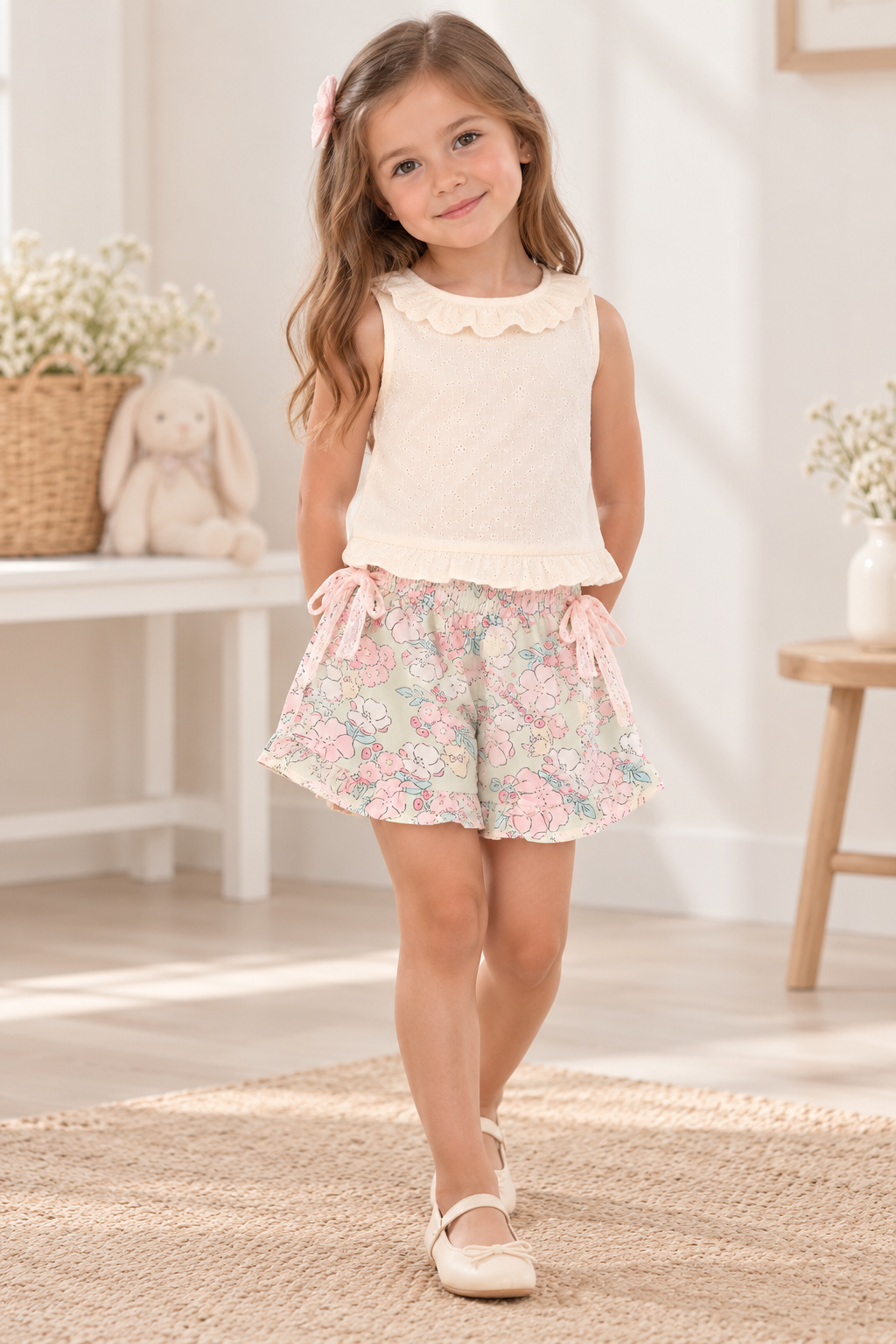 Conjunto short suelto estampado floral con blusa beige detalles de bolados y se ata atrás