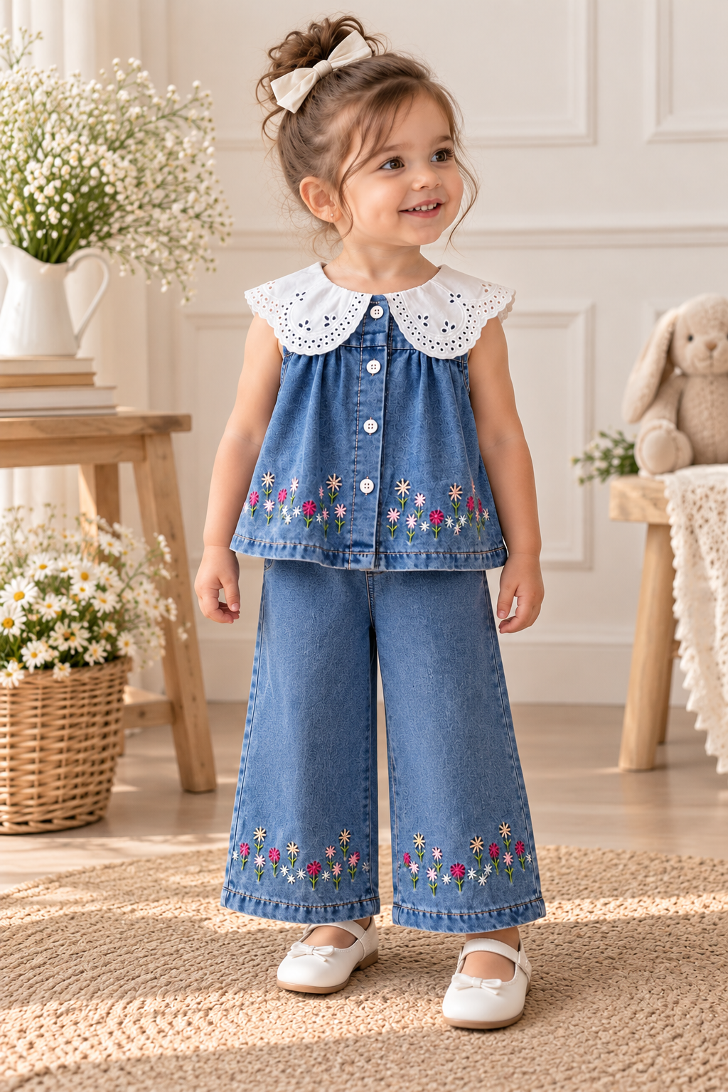 Conjunto pantalón con blusa de jenas detalle de flores bordados y cuello estilo vintage