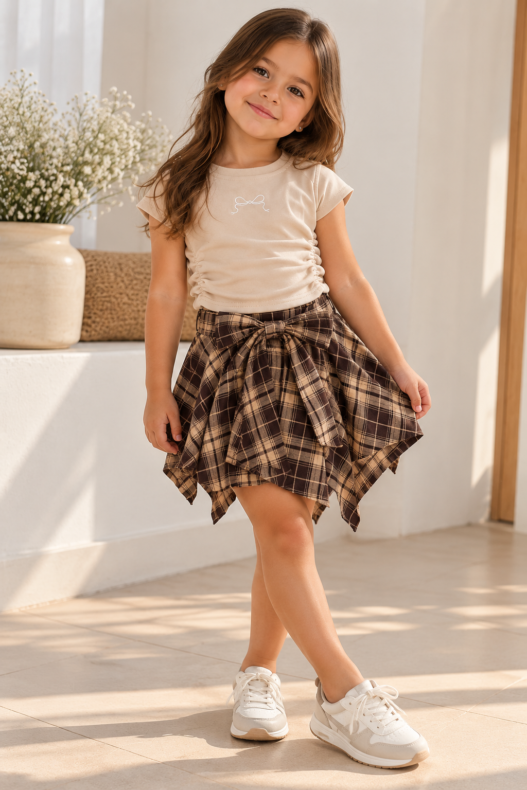 Conjunto de short pollera a cuadros marrón con blusa beige detalle de fruncido en los costados