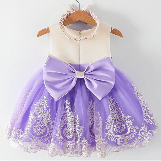 Vestido elegante para bebés , lila con color crema , incluye vincha