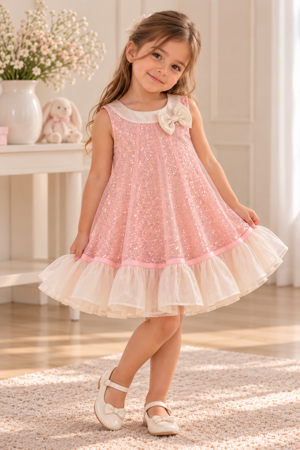 Vestido casual rosa con detalle de lentejuelas y moño