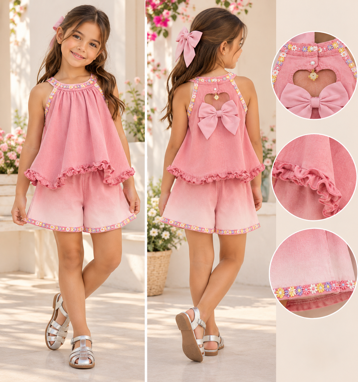 Conjunto de jeans short con blusa detalle de abertura en forma de corazón en la espalda