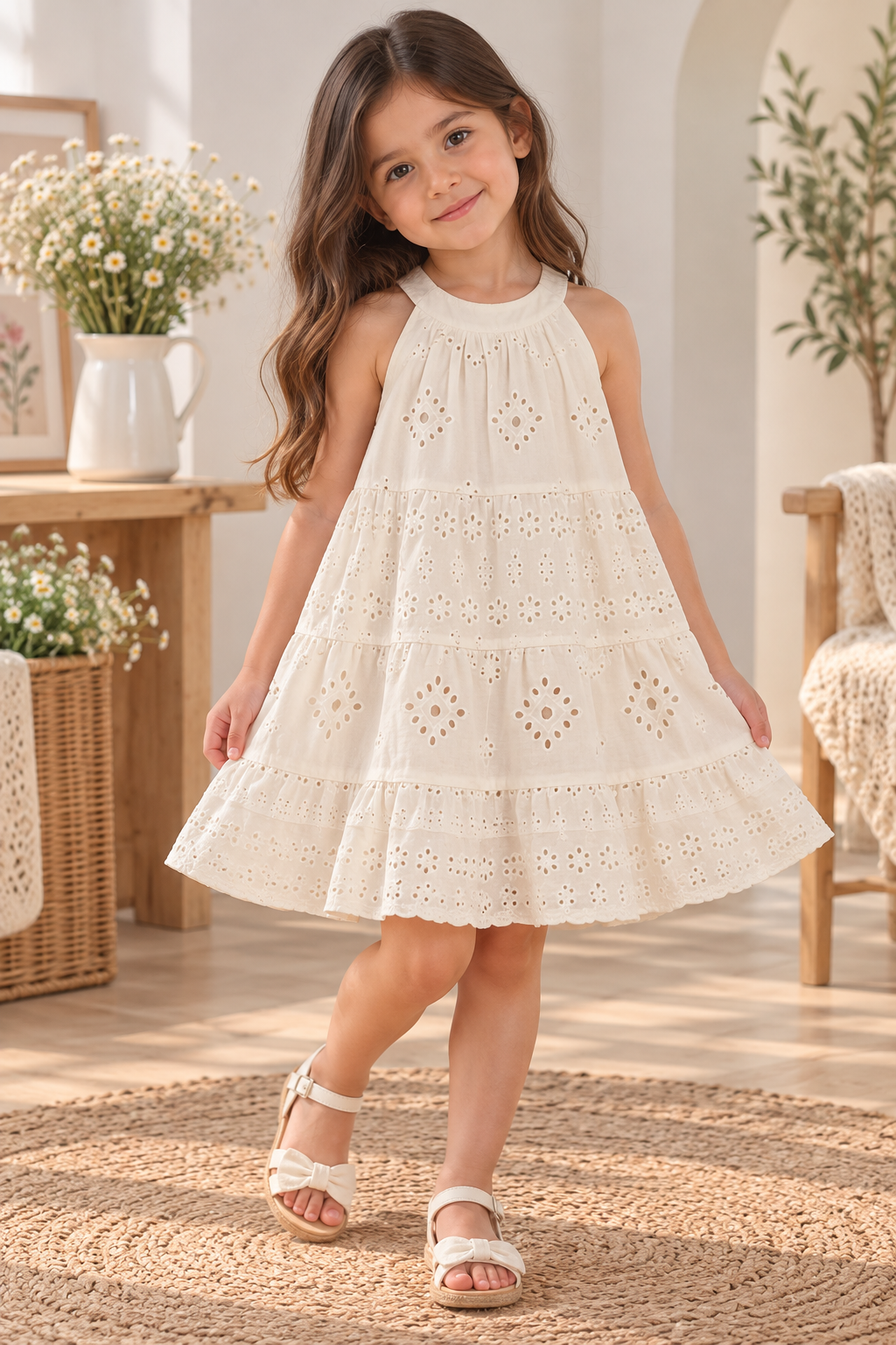 Vestido casual suelto color crema detalles de bordados tela de algodón