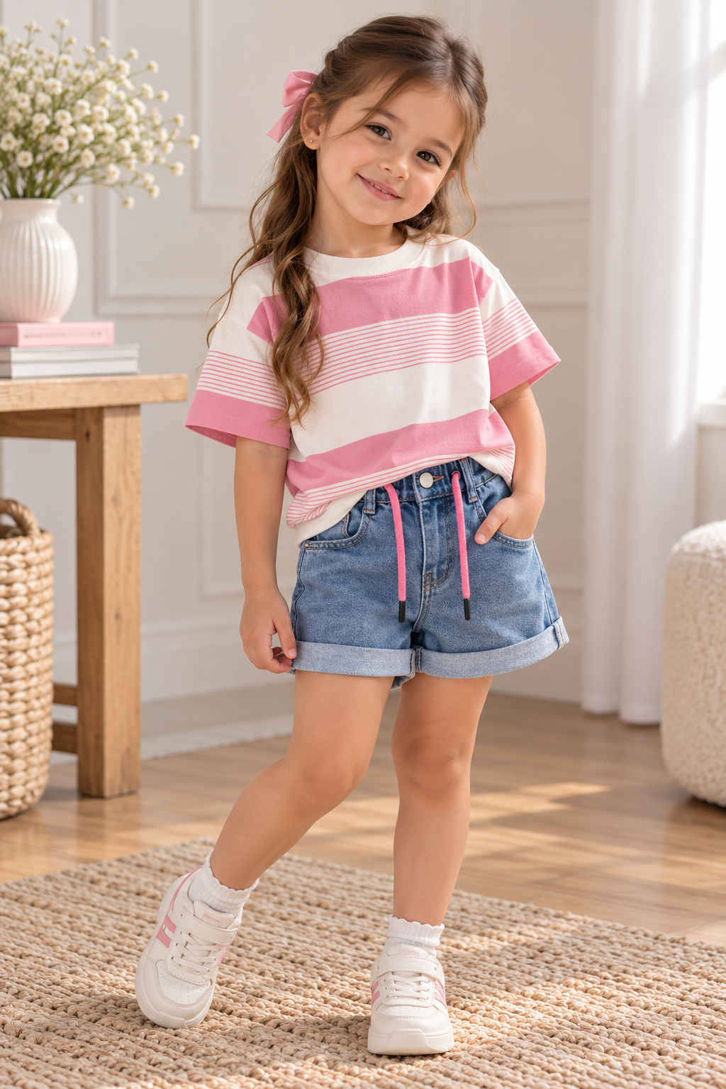 Conjunto de short de jeans con remera detalle franjeado en rosa