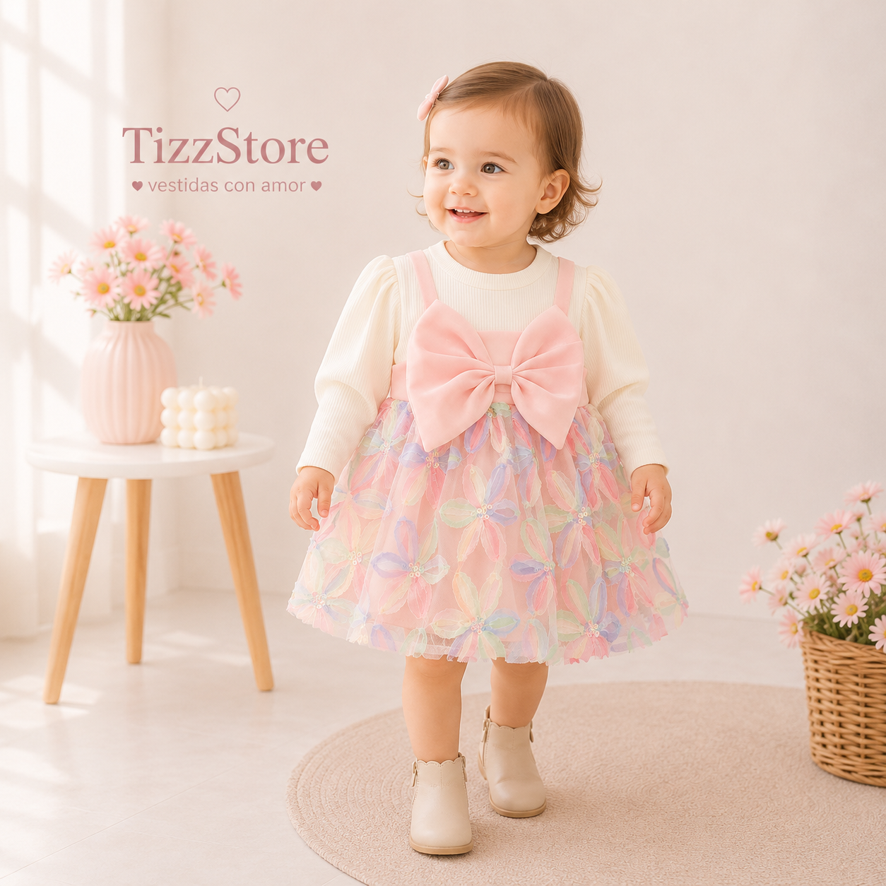 Vestido mangas largas con detalle de moño en el pecho y falda con flores coloridas