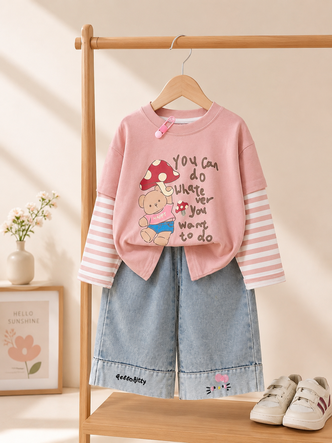 Conjunto pantalón de jeans con remera mangas largas rosa detalle de osito