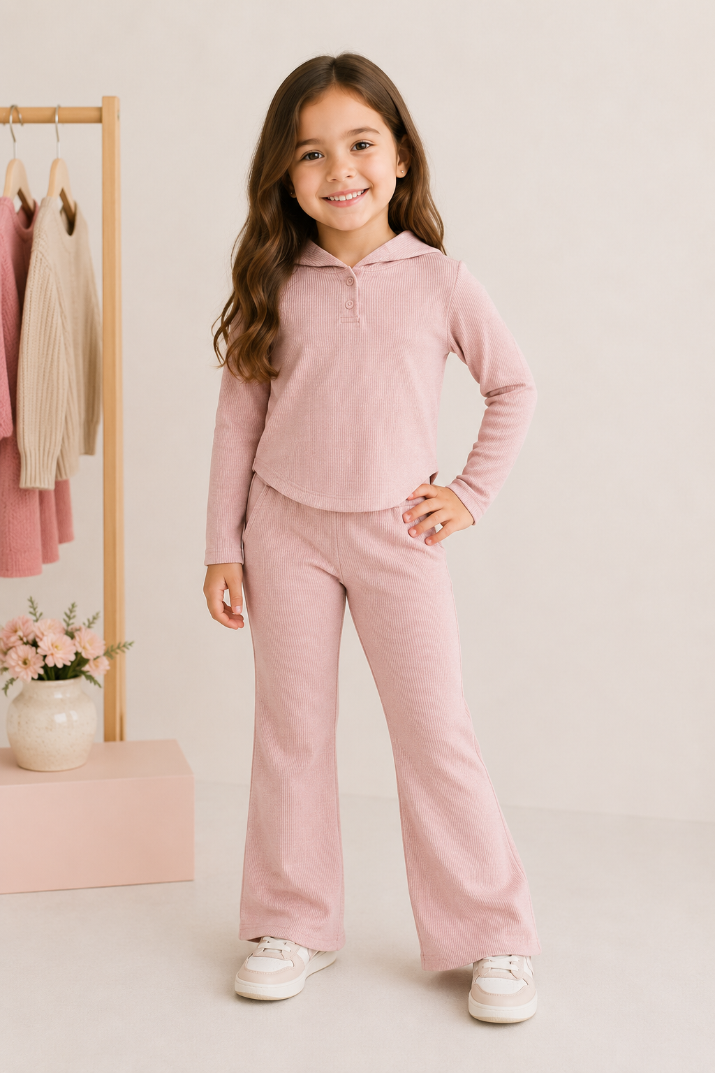 Conjunto pantalón Oxford y mangas largas con capucha rosa detalle de bolsillos