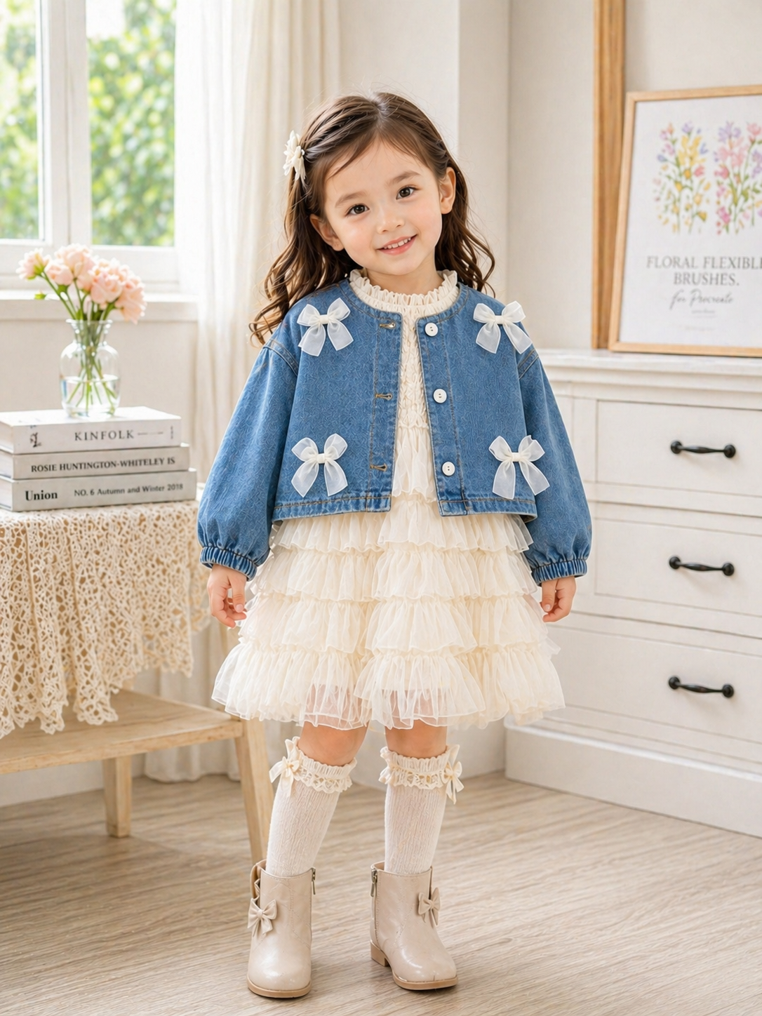 Conjunto vestido mangas larga beige con camperita de jeans detalles de moños