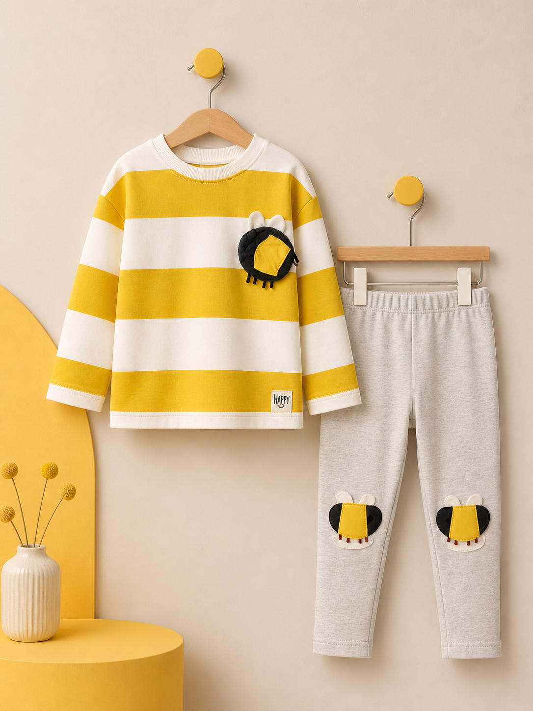 Conjunto de calza con mangas largas a rayas amarillo y gris con detalles de abejita ( la abeja del pecho es un bolsillo)