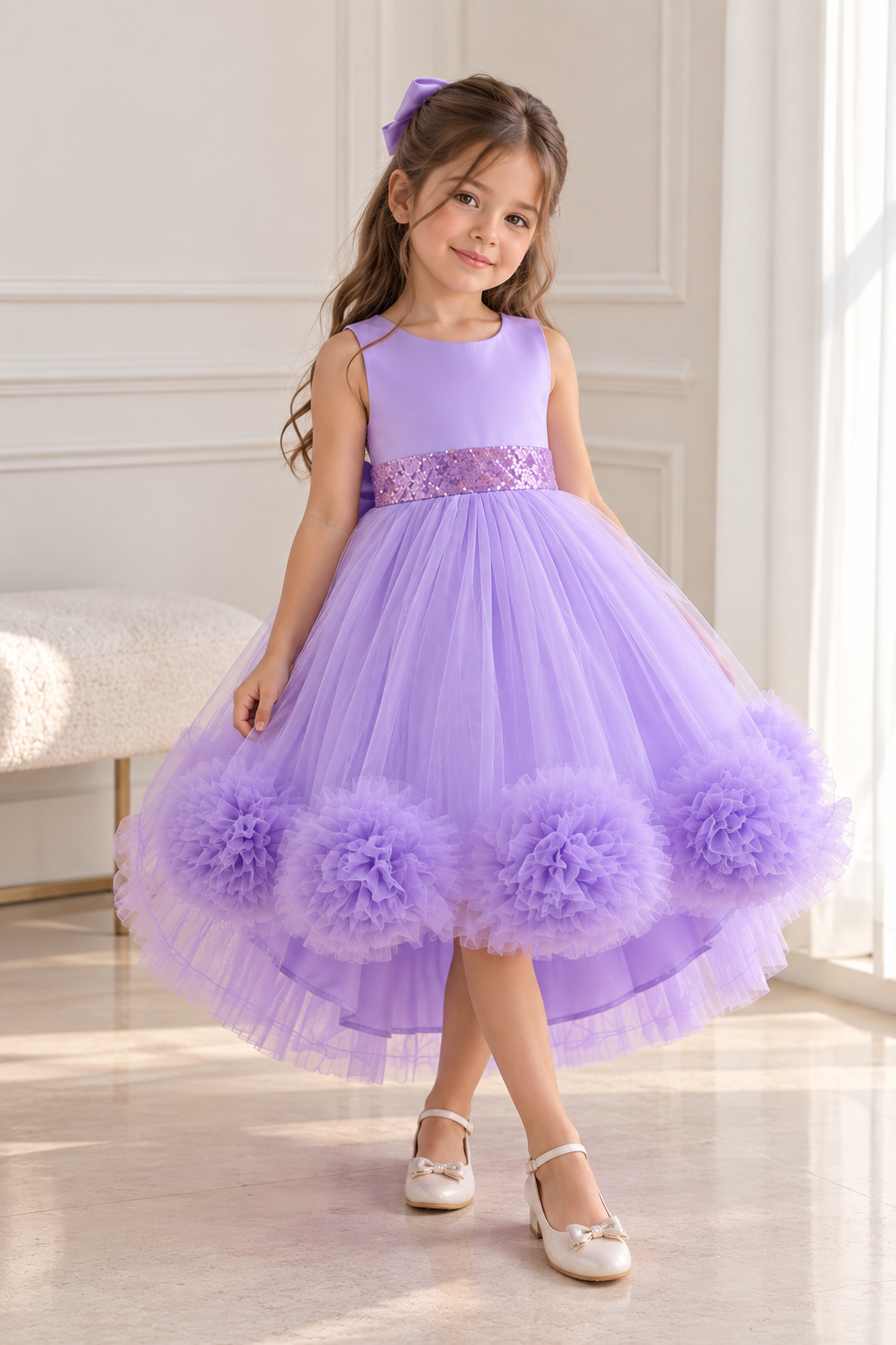 Vestido elegante cola larga color lila , detalle de lentejuelas y moño grande atrás