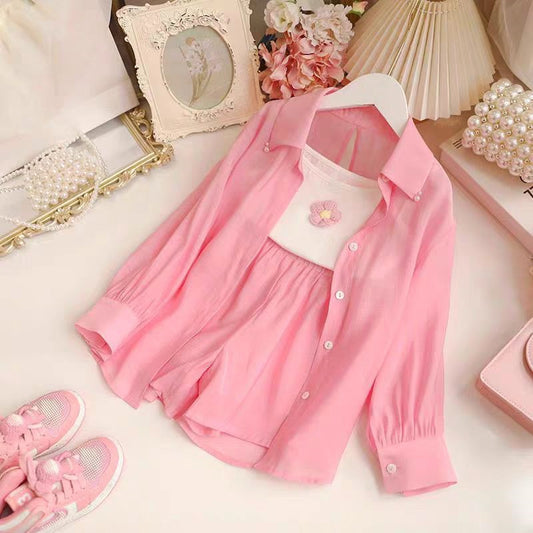 Conjunto de 3 piezas rosa (short, camisilla y camisa)