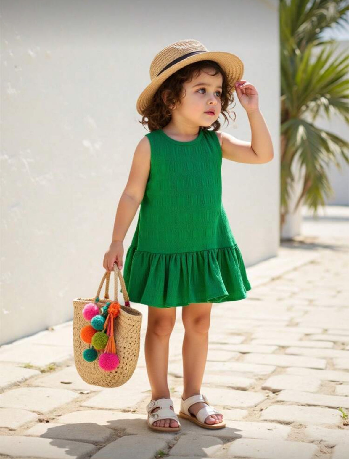Vestido verde suelto para bebés de 1 a 3 años ! Detalles de botones en la parte de atrás