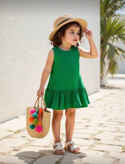 Vestido verde suelto para bebés de 1 a 3 años ! Detalles de botones en la parte de atrás