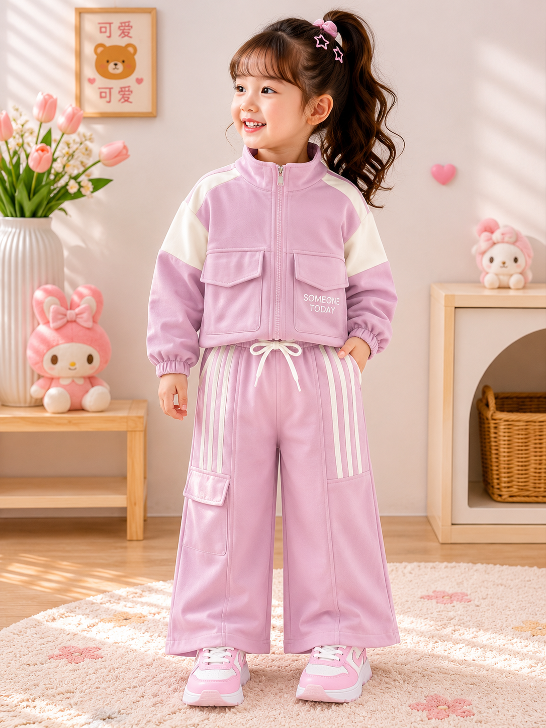 Conjunto pantalón más abrigo estilo deportivo color rosa soft