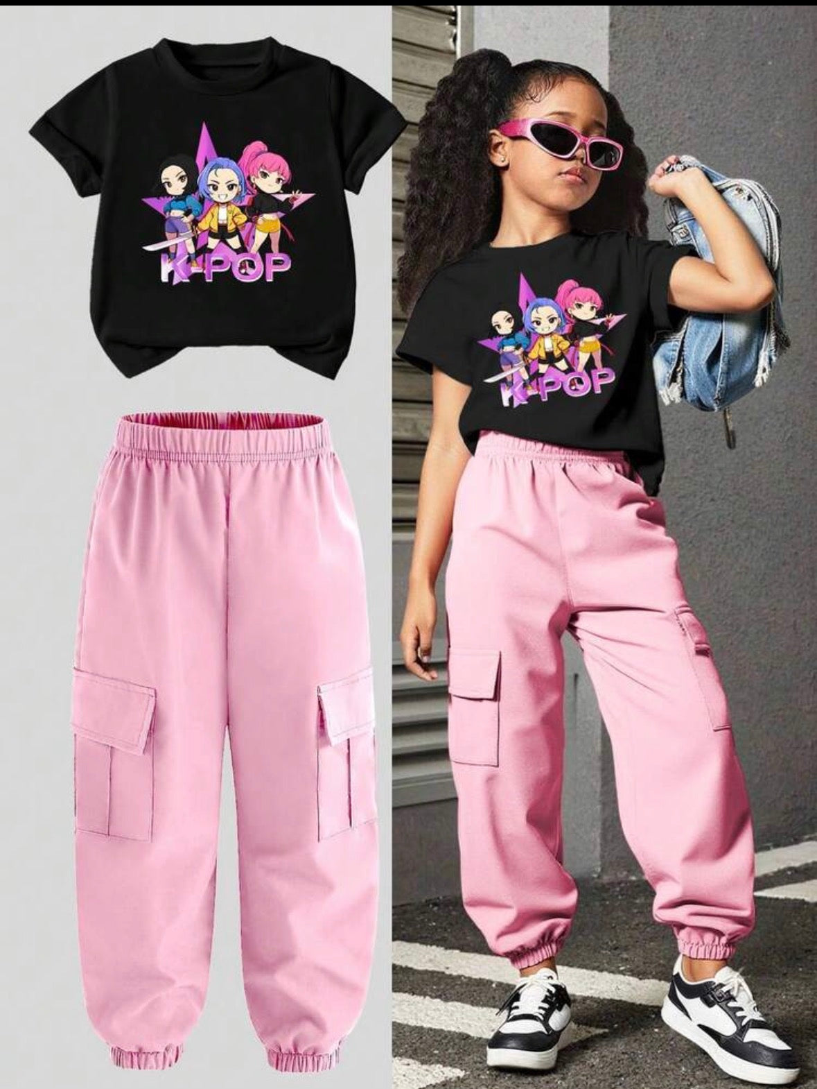 Conjunto de jogger rosa con remera negra  detalle temático de K pop