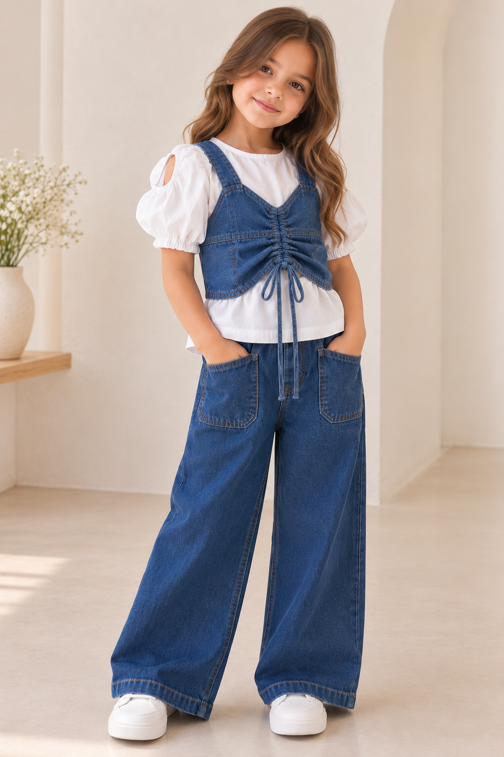 Conjunto de 3 piezas pantalón de jeans con chaleco y blusa blanca