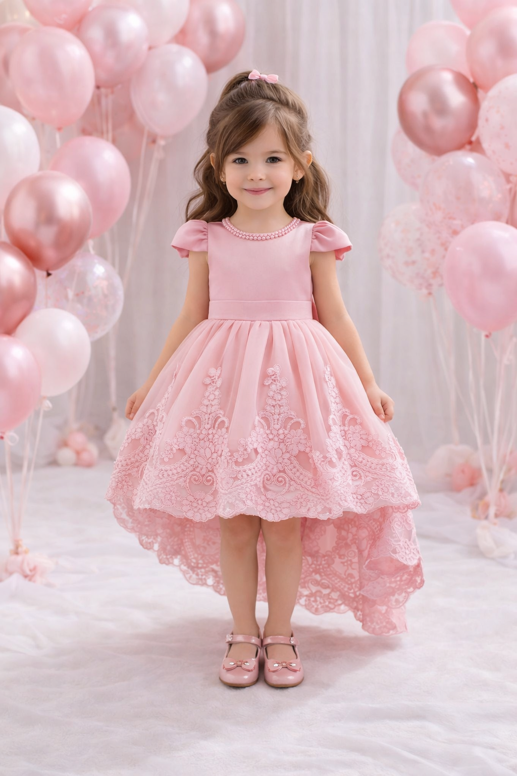 Vestido elegante cola larga  color rosa claro , detalles de perlas y moño grande en la espalda