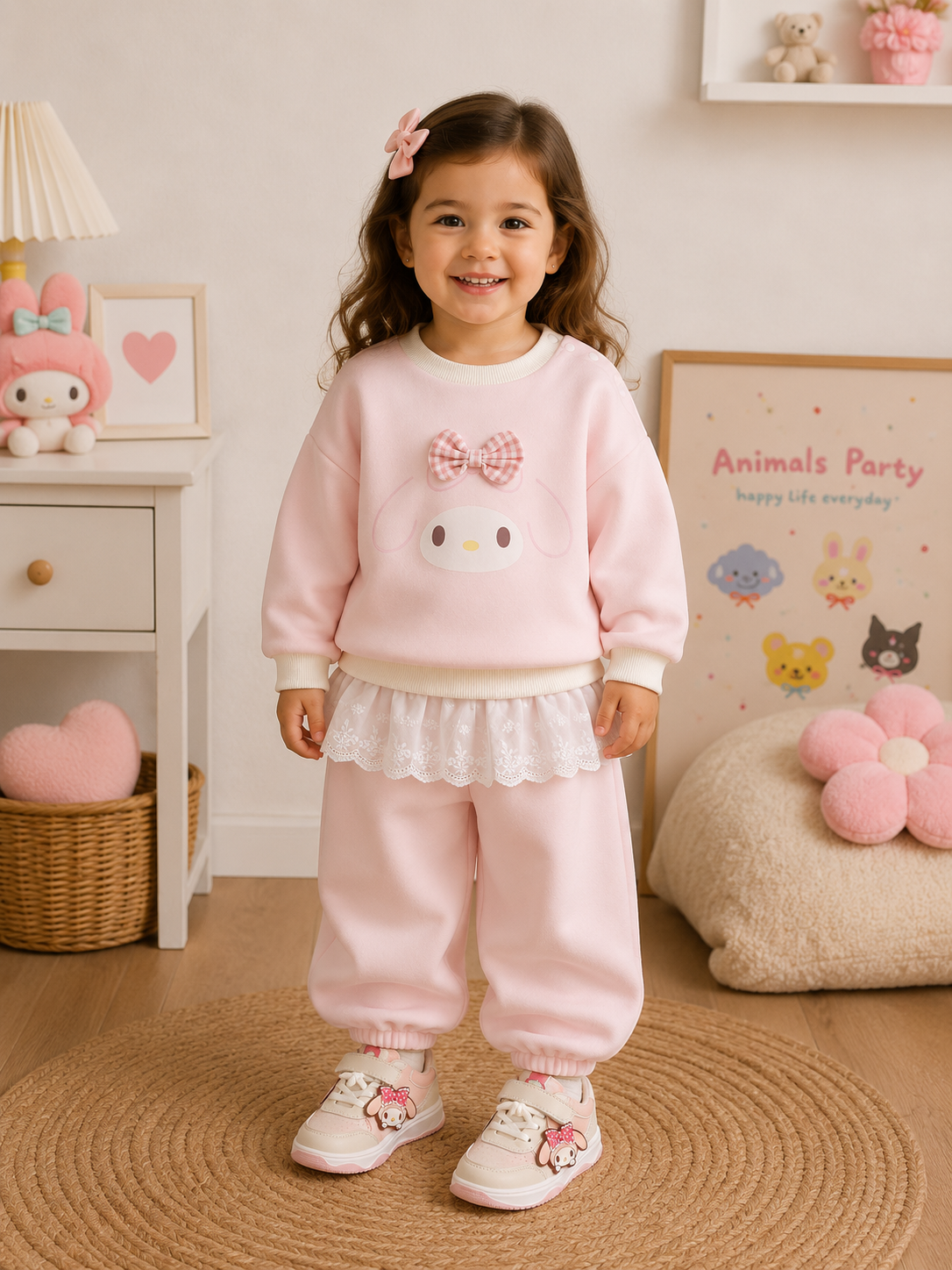 Conjunto pantalón jogger con abrigo mangas largas rosa detalle de my Melody