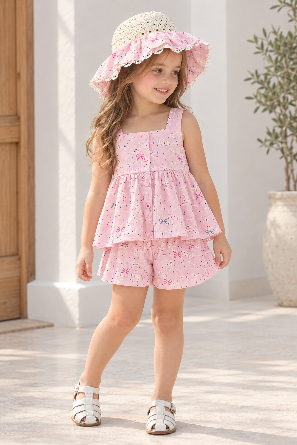 Conjunto rosa de short con blusa incluye sombrero detalles de moños y bordados