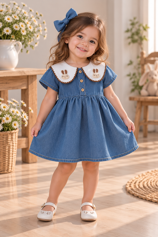 Vestido de jeans azul con detalle de conejito en el cuello