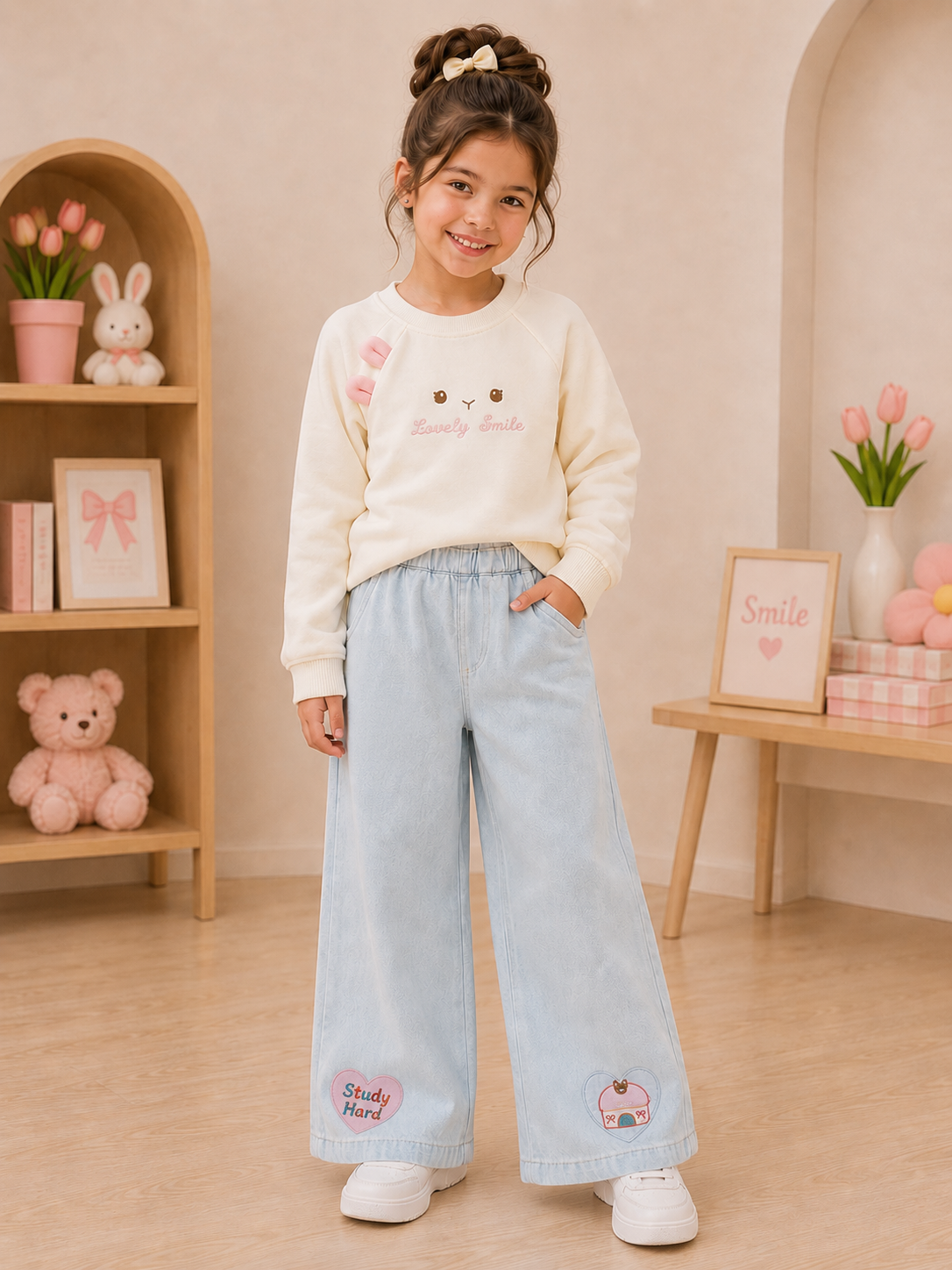 Conjunto pantalón de jeans claro con mangas largas beige con detalles en rosa