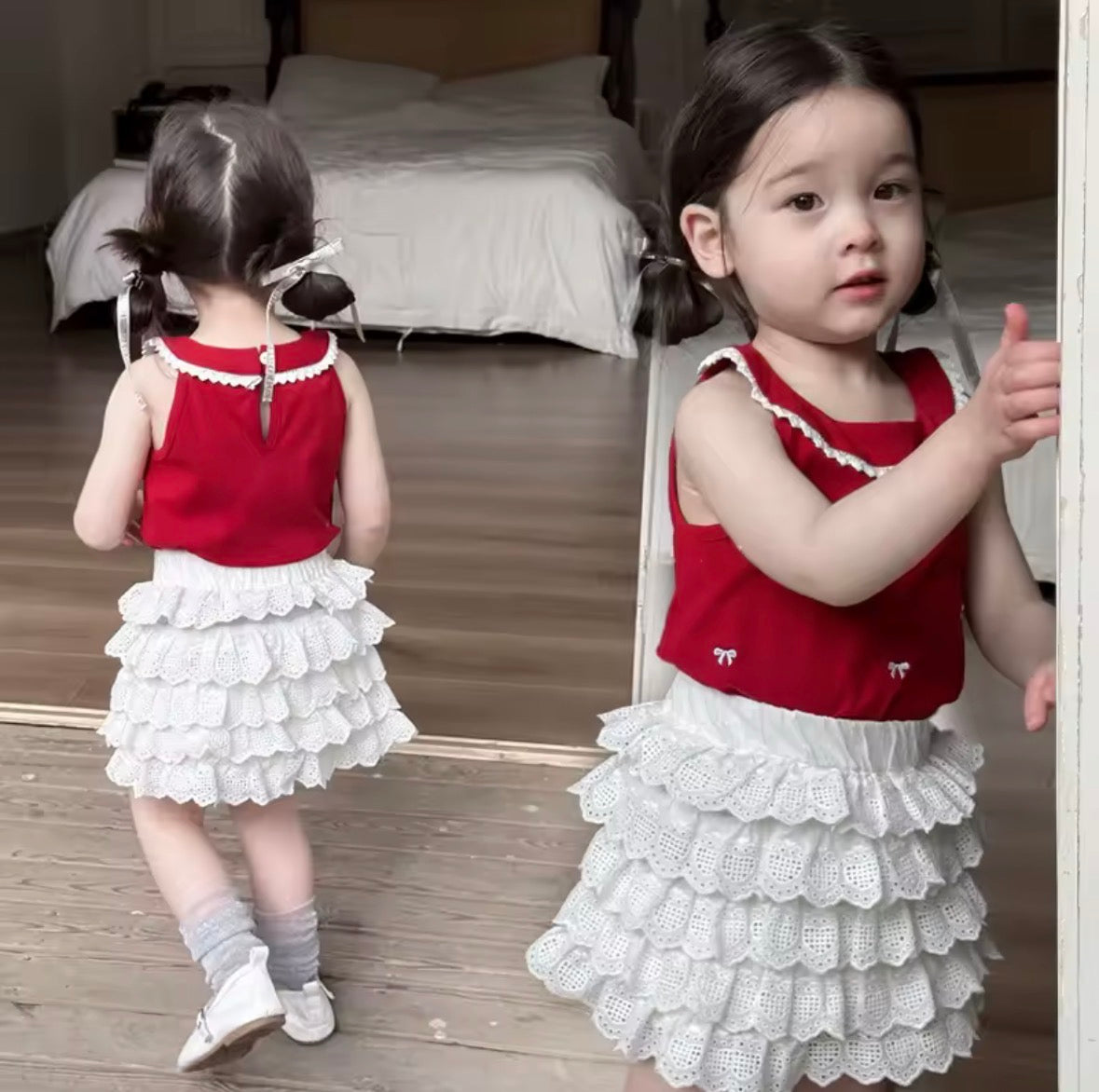Conjunto pollera blanca con blusa roja detalles de moños y forro de short en la falda