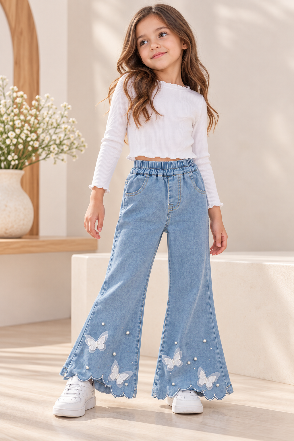 Pantalón de jeans estilo Oxford  ligero color celeste con detalles de mariposas y perlas