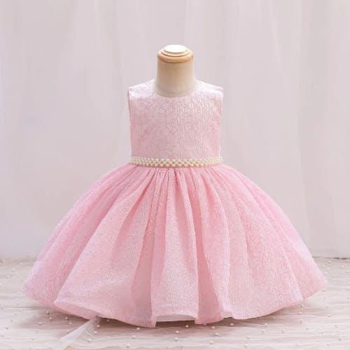 Vestido elegante rosa para bebés , cinto de perlas