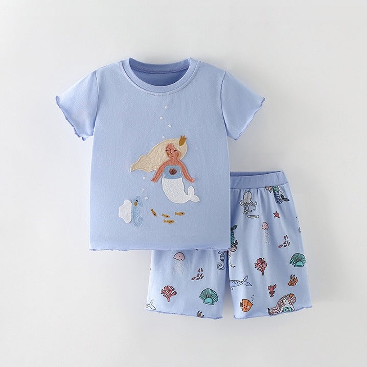 Conjunto short con remera 100% algodón color celeste  estampado de sirenas