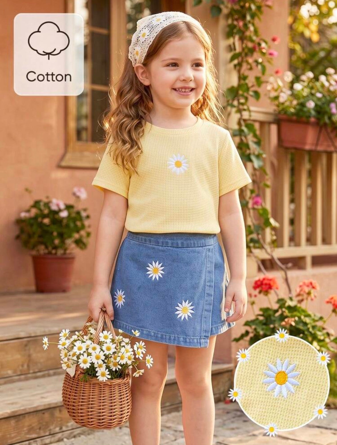 Conjunto short pollera de jeans con remera amarilla detalle de flores
