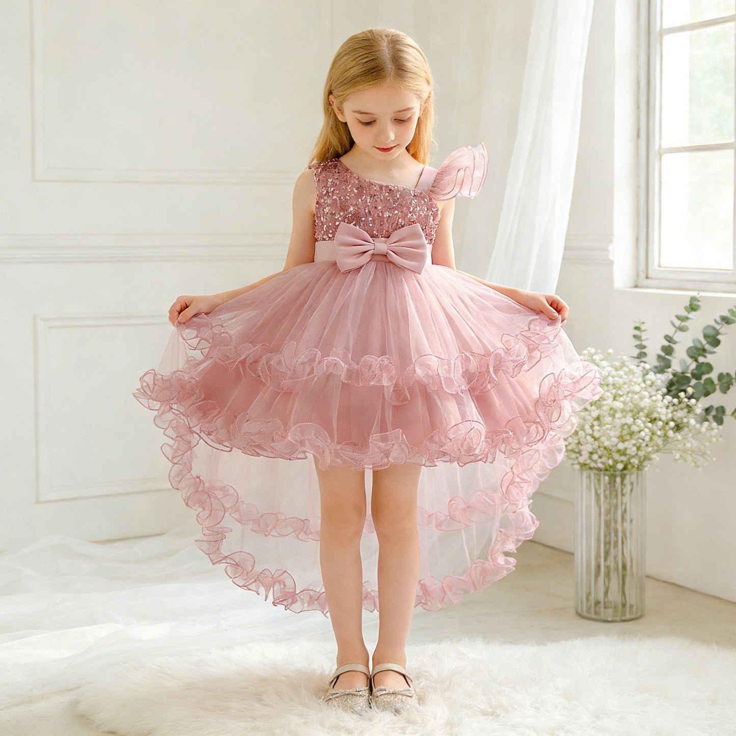 Vestido elegante color rosa vieja detalles de lentejuelas y moño en el pecho y cola larga