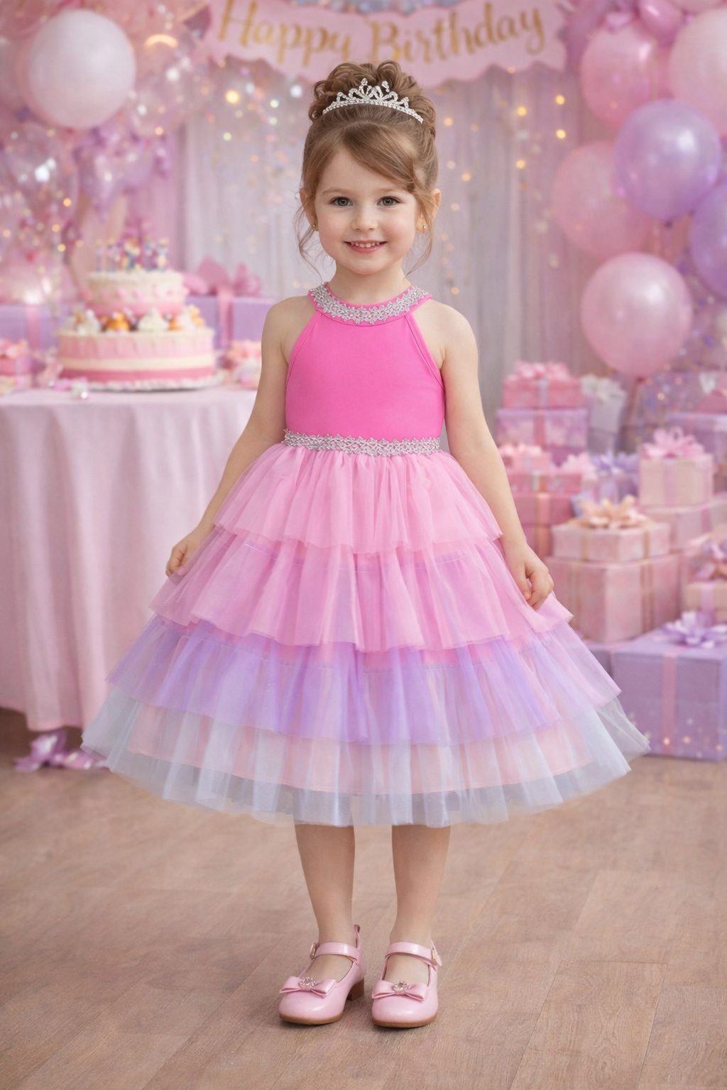 Vestido fucsia con detalle de capas coloridas