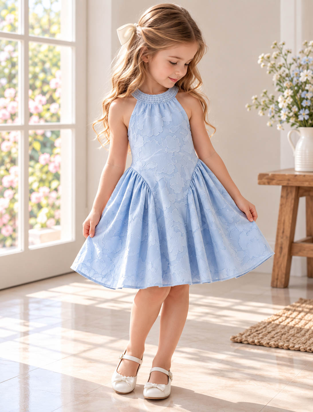 Vestido casual color celeste estilo Halter con detalle de bordador de flores