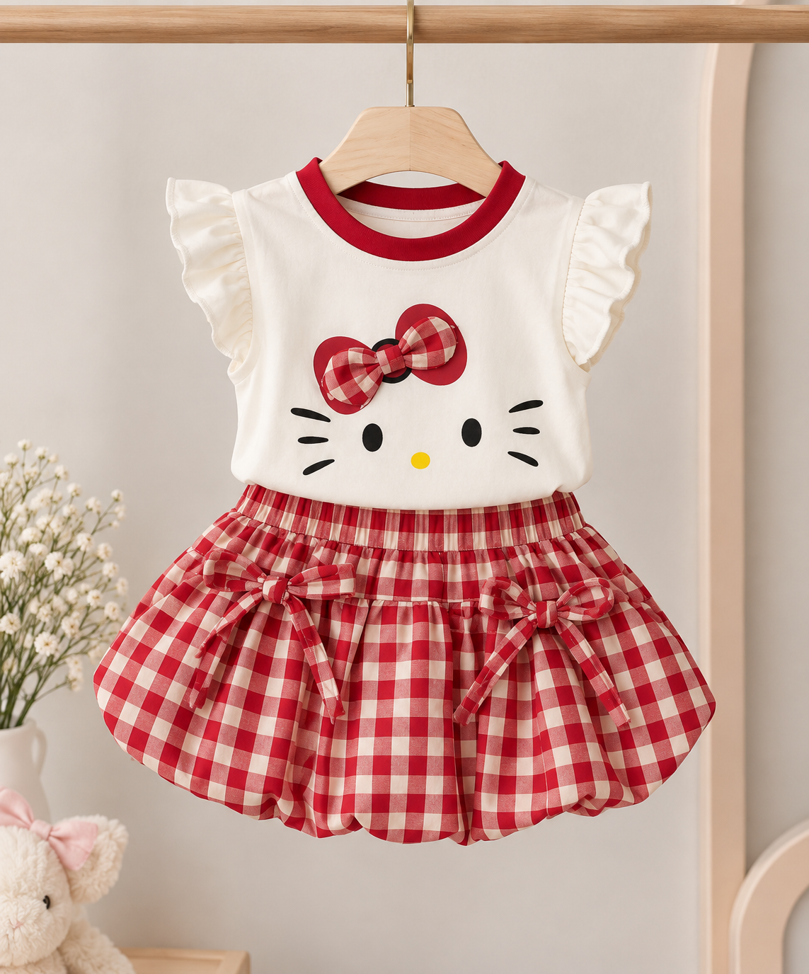 Conjunto pollera a cuadros rojos con blanco con blusa blanca detalle de hello Kitty ( forro short)