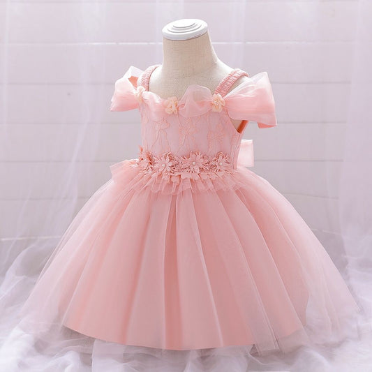 Vestido elegante para bebés , rosa con flores 3D y detalle de hombro caído