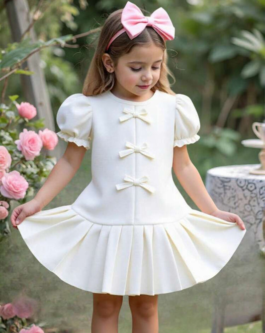 Vestido beige mangas cortas , con falda tableada