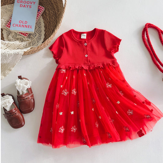 Vestido rojo para niñas de 1 a 7 años  detalle falda de tul con mariposas bordadas