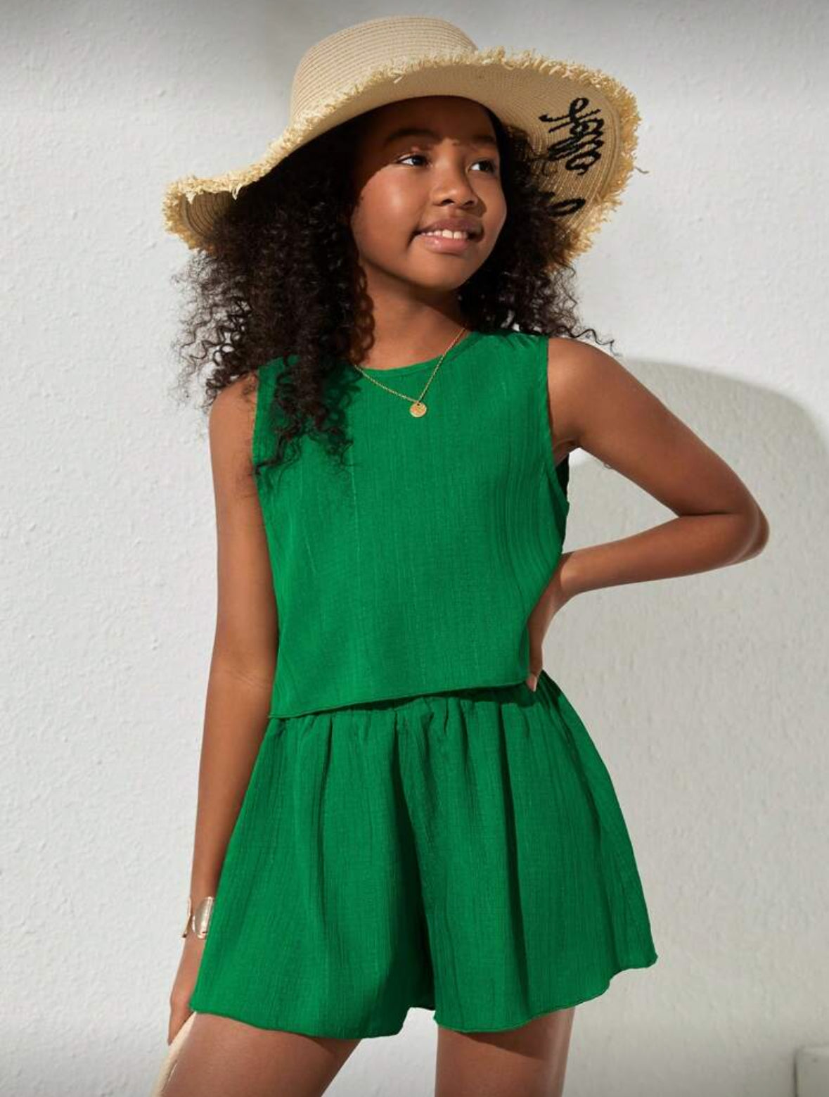 Conjunto short con blusa verde, para niñas de 8a12 años