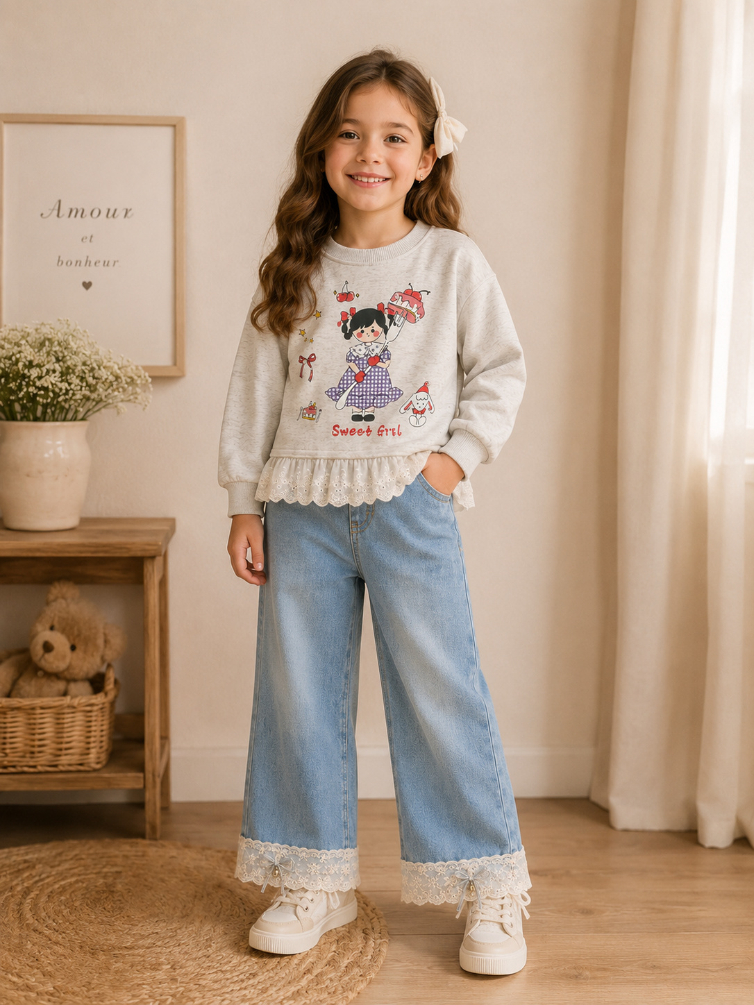 Conjunto pantalón de jeans con mangas larga ( tela fina) detalles de bordados y perlas