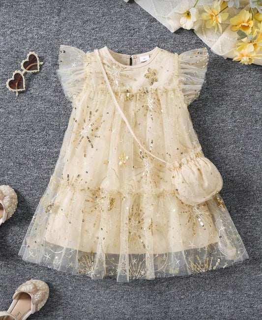 Vestido beige con dorado incluye pequeña cartera