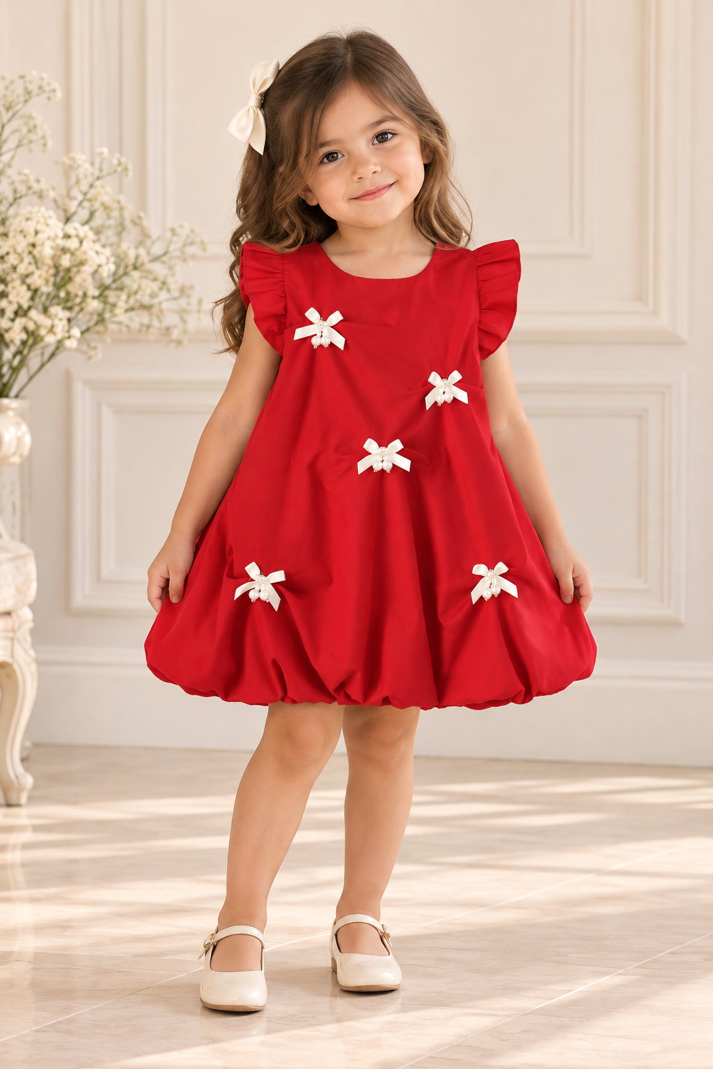 Vestido casual color rojo estilo globo con detalles de moño y perlas