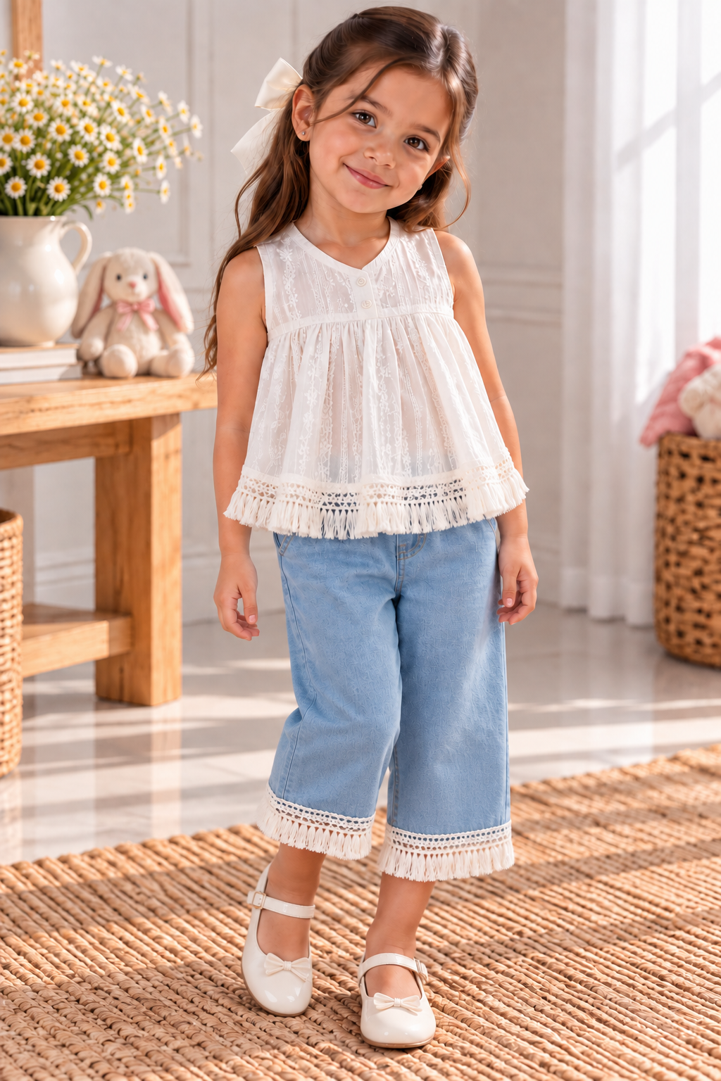 Conjunto de pantalón capri de Jeans con blusa blanca detalle de flecos