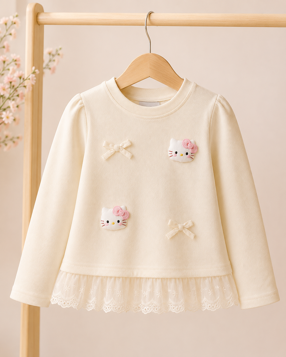 Mangas largas color crema con detalles de moño y hello Kitty ( tela agradable abrigo intermedio )