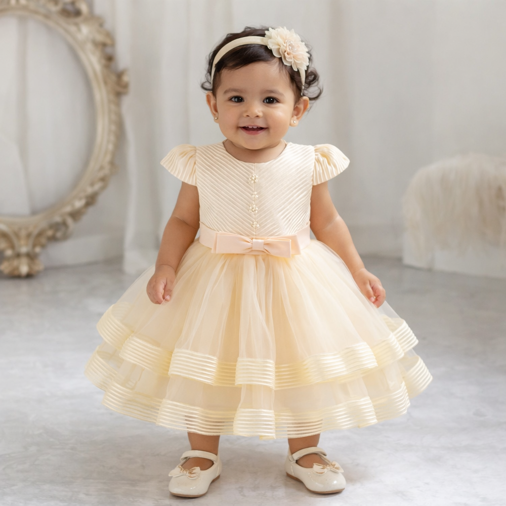 Vestido elegante color marfil , detalles de capas y plisado en el pecho con pelas y moño