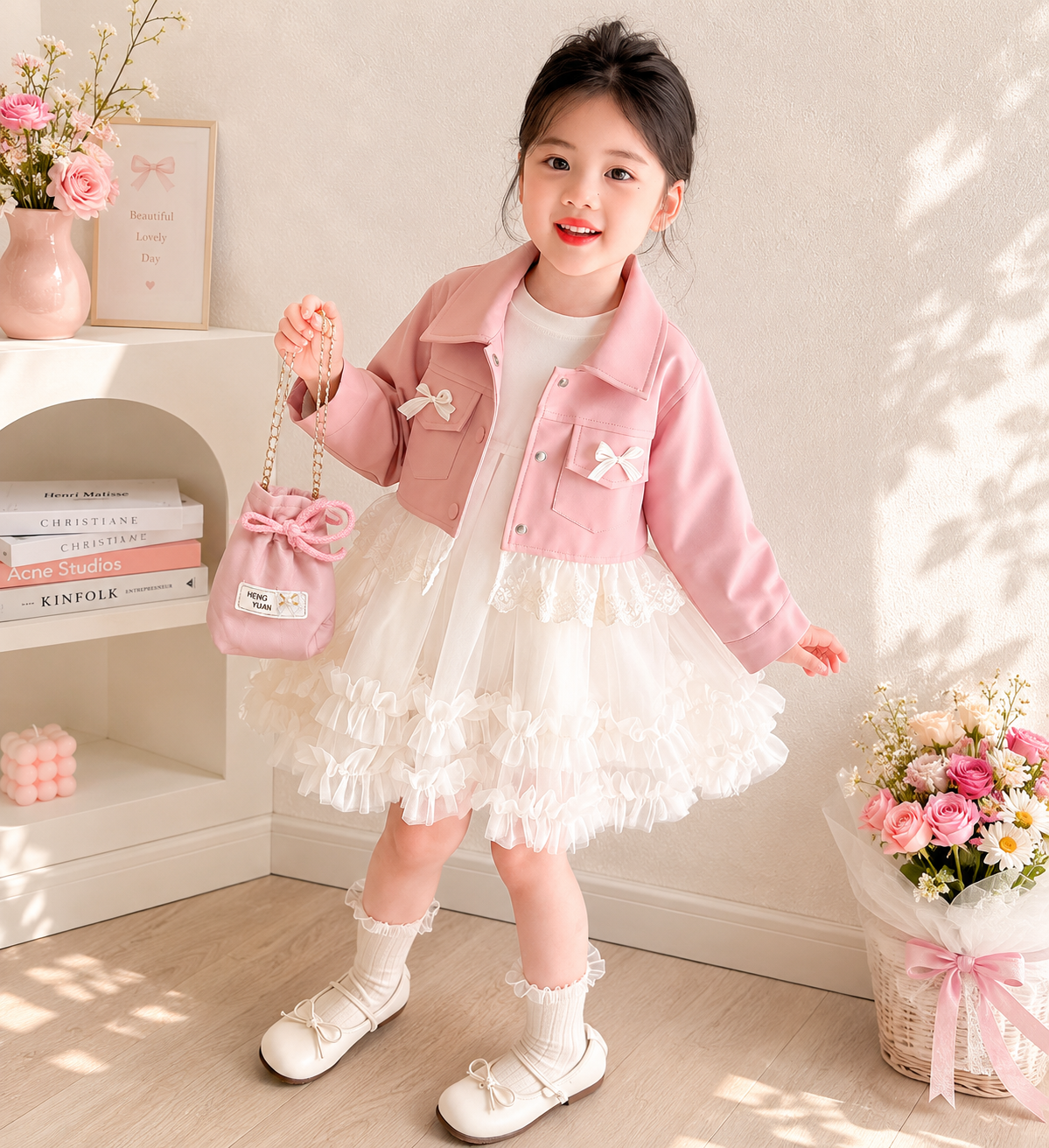 Conjunto de vestido con chaqueta cuerina rosa detalles de moños , con bolso rosa