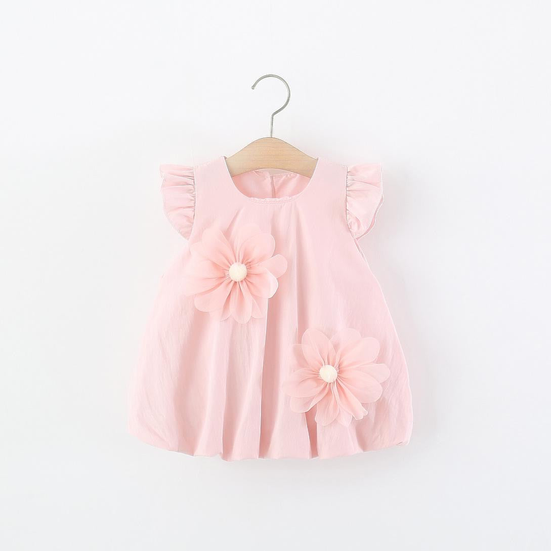 Vestido casual rosa estilo globo con detalle de flores en 3D