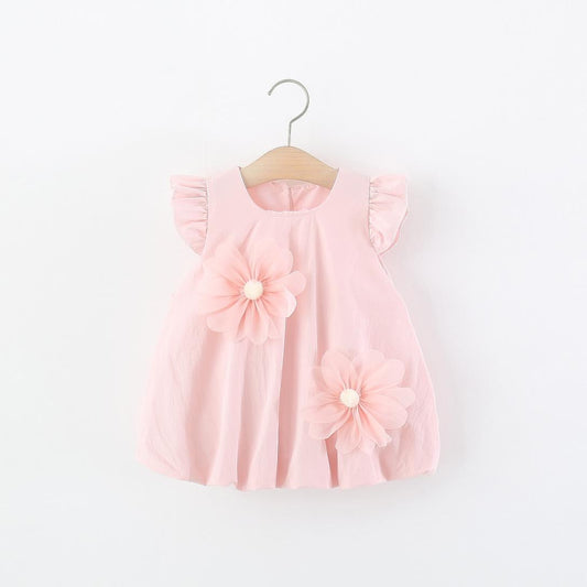 Vestido casual rosa estilo globo con detalle de flores en 3D
