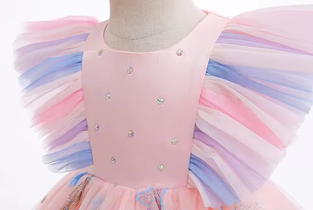 Vestido elegante para bebés , rosa con detalles coloridos en las mangas y falda