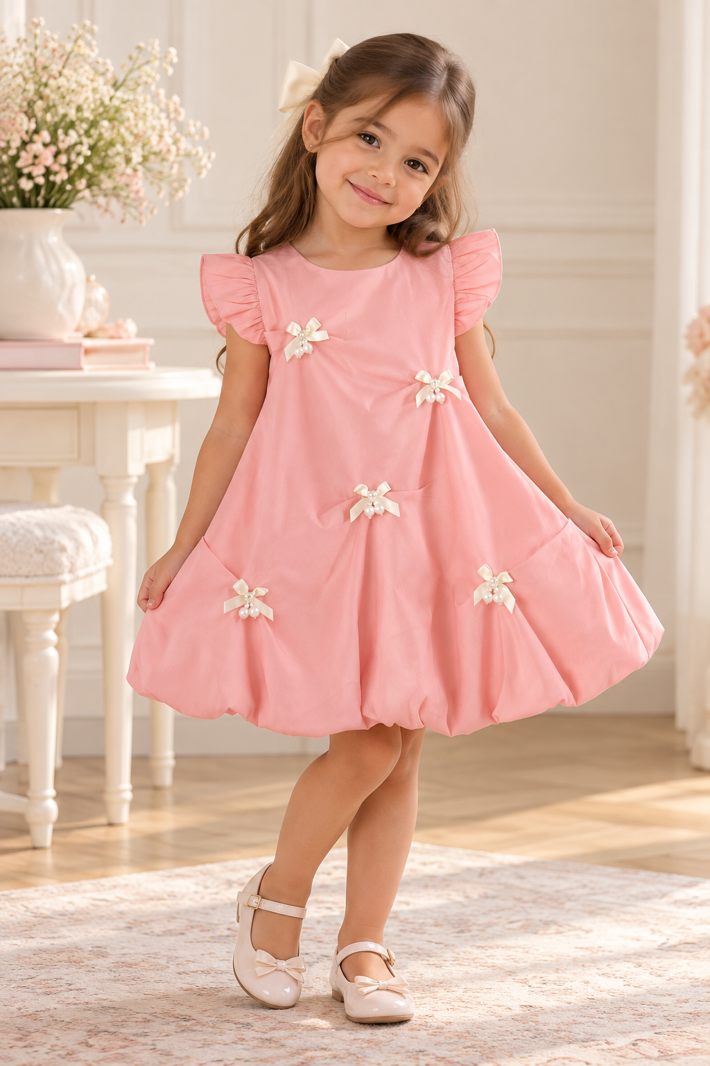Vestido casual rosa estilo globo con detalles de moño y perlas