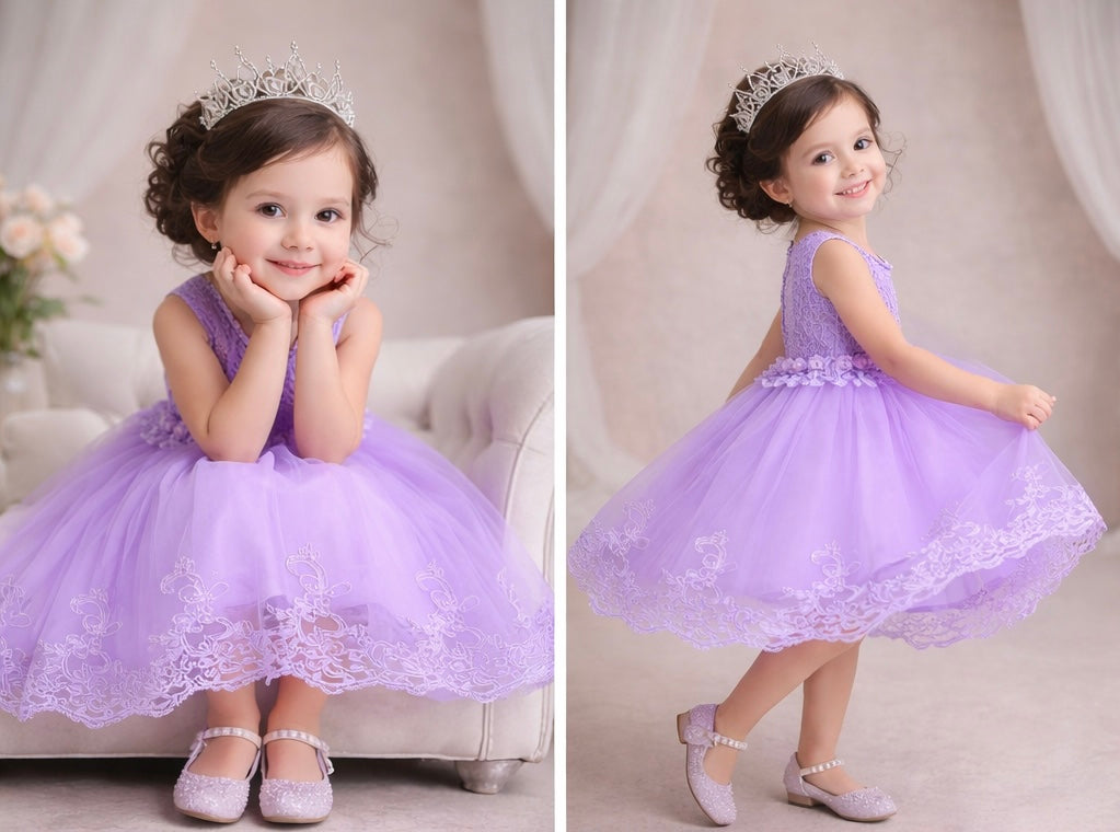 Vestido elegante lila , son detalle de bordados y encaje en el pecho